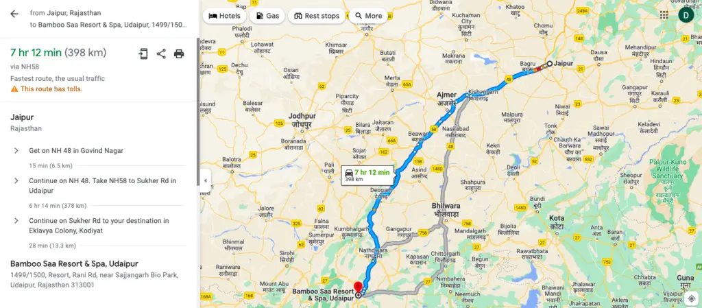 Udaipur to Jaipur Train Raliway Distance